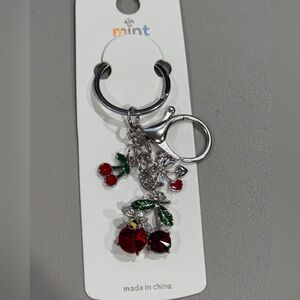 BAG CHARM Mint Red Crystal Cherry Bee Keychain Silver Tone